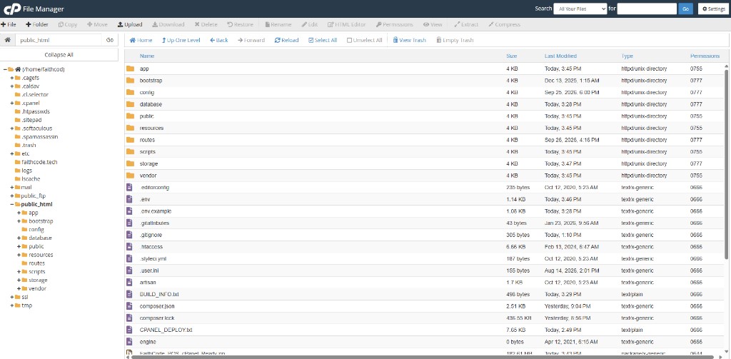 File Manager after extract showing Laravel folders