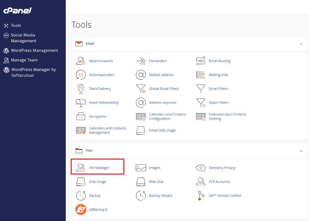 cPanel with File Manager highlighted