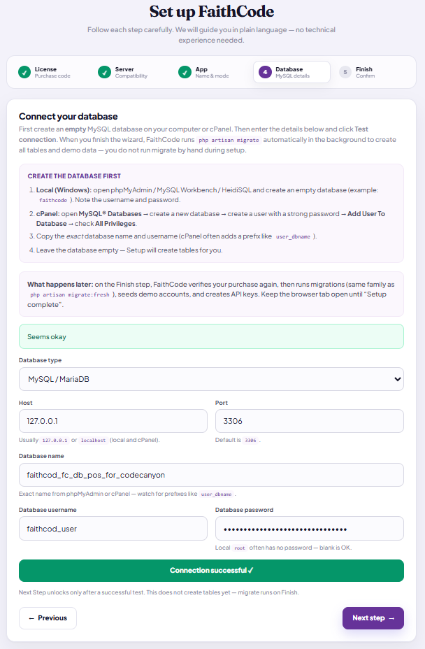 Setup step 4 after a successful database connection