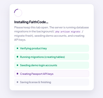 Setup installing: product key, migrations, demo accounts, and API keys