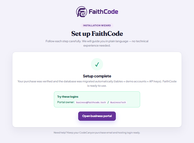 Setup complete with the portal owner demo login