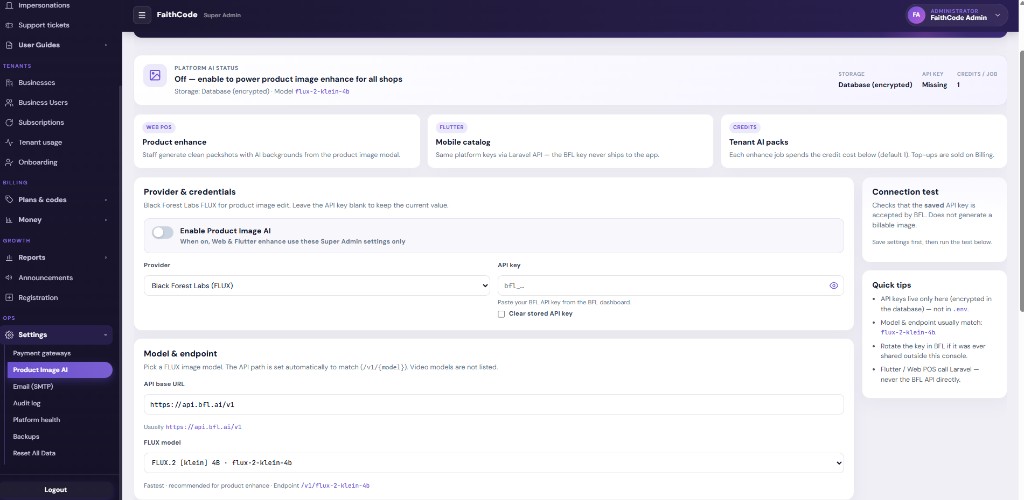 Super Admin Settings, Product Image AI, with the API key stored in the database